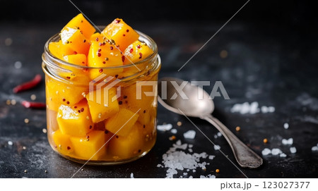 A glass jar filled with yellow mango pickle sits on a dark surface. Tangy preserved fruit, traditional Indian cuisine 123027377