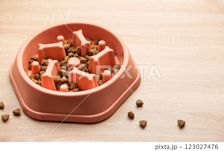 Dry dog food in slow feeder bowl preventing gulping on wooden table 123027476