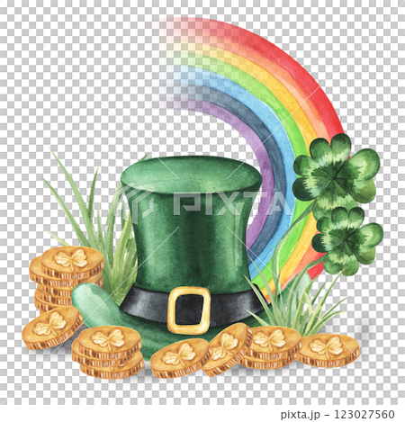 Watercolor drawing of hat and rainbow with lucky clover leaf, golden coins.Hand drawn watercolor illustration. Fors card, advertisement, . Isolated on white background. 123027560