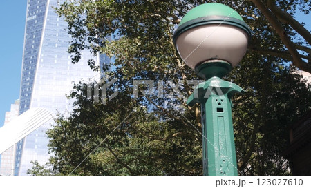 New York underground subway globe, metro orb lamp. Metropolitan entrance Manhattan financial district New York underground subway globe, metro orb lamp. Metropolitan entrance Manhattan financial district 123027610