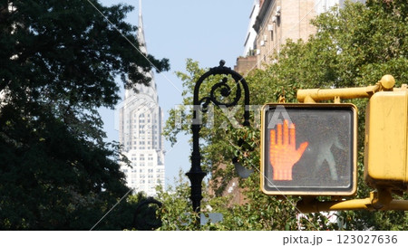 New York City street crossroad, yellow traffic light, transport road intersection, United States. New York City street crossroad, yellow traffic light, transport road intersection, United States. 123027636
