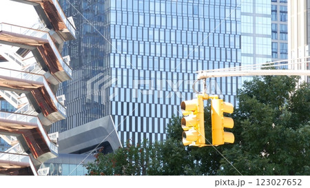 New York City, Hudson Yards urban architecture, Manhattan Midtown, USA. Skyscrapers, traffic light 123027652