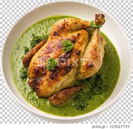 Delicious Matcha Infused Chicken Dish Served on a Vibrant Green Sauce Bed 123027735