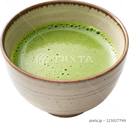 Freshly Whisked Matcha Green Tea Beverage in a Handcrafted Ceramic Cup 123027749