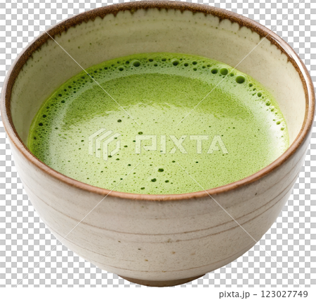 Freshly Whisked Matcha Green Tea Beverage in a Handcrafted Ceramic Cup 123027749