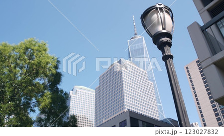 New York City Manhattan Downtown Financial District street. World Trade Center, Battery park, USA. 123027832