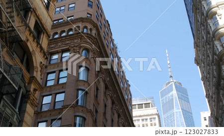 New York City Manhattan, Downtown Financial District. NYC World Trade Center from Fulton street, USA 123027833