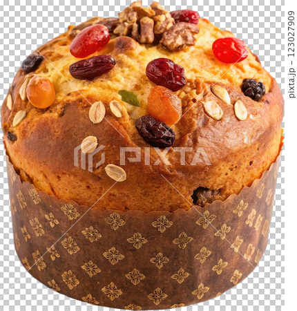 Freshly baked Italian panettone cake a traditional sweet bread studded with dried fruits and nuts 123027909