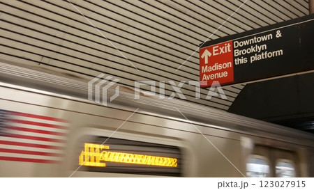 New York subway station, underground metropolitan platform sign. Metro railway passenger transport. New York subway station, underground metropolitan platform sign. Metro railway passenger transport. 123027915
