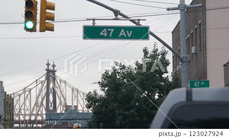 New York City street crossroad, yellow traffic light, transport road intersection, United States. New York City street crossroad, yellow traffic light, transport road intersection, United States. 123027924