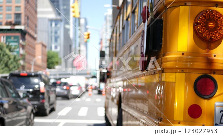 Yellow School Bus on New York Manhattan street, schoolbus truck on USA city road. Children education 123027953
