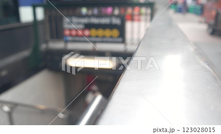 New York subway sign, underground metro station. Metropolitan entrance fence, public transport exit. New York subway sign, underground metro station. Metropolitan entrance fence, public transport exit. 123028015