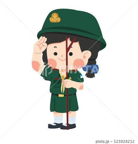 Cute Girl scout thai holding pole yelling Cute Girl scout thai holding pole yelling 123028212