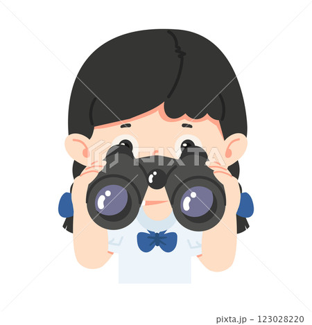 Kid girl student see using binocular Kid girl student see using binocular 123028220