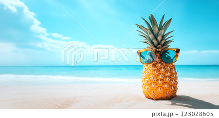 A pineapple wearing sunglasses sits on the sand, with the sea in its background. Created with Generative AI. 123028605