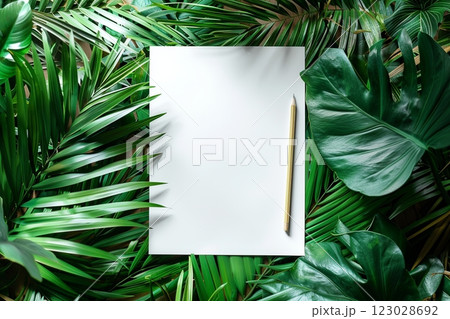 Top view of a regular pencil on a blank sheet of white textured watercolor paper among green plants. Suitable for advertising related to creativity, art, education and stationery. Copy space. Banner 123028692