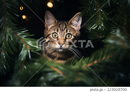A small curious gray kitten plays on the top of the Christmas tree. A cat among the branches of a festive Christmas tree. New Year's celebration. Funny Christmas pets. Pets during the holidays 123028700