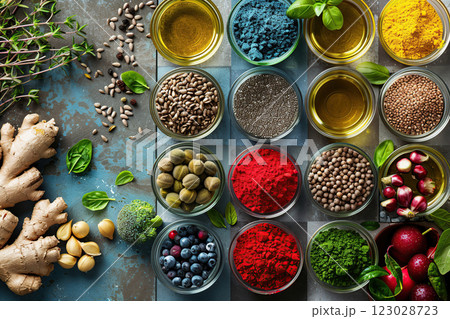 A bright set of spices and fresh berries. Variety of textures, colors and aromas. Adapted for advertising culinary products, gourmet services and brands. Cooking courses. Natural products. Banner 123028723