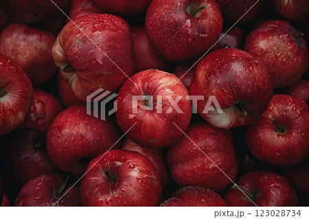 Fresh, juicy and bright red apples symbolize the high quality and natural purity of the product. Background. Environmental friendliness. Suitable for advertising farmers markets, health food stores. 123028734
