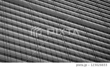 A striking black-and-white capture of a modern facade, where repeating lines and geometric forms create a hypnotic rhythm of light and shadow. 123028833
