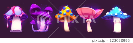 Magic mushroom set with glowing fantasy elements 123028996