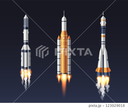 Realistic space rocket set of launching spaceships Realistic space rocket set of launching spaceships 123029018