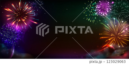 Colorful fireworks with sparkling bursts 123029063