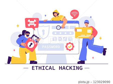 Ethical Hacking Illustration featuring a Developer Practicing Hacking on a Web Application, Identifying Code Vulnerabilities to Improve Cybersecurity 123029090