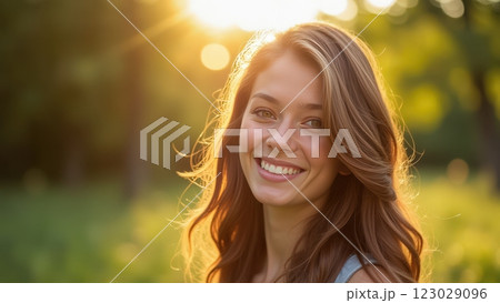 Young woman smiles warmly at sunset in a tranquil outdoor setting Young woman smiles warmly at sunset in a tranquil outdoor setting 123029096