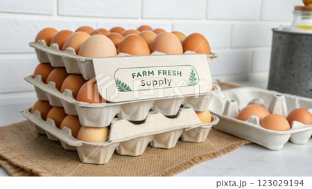 Stack of Farm Fresh Egg Cartons on Rustic Wooden Surface Stack of Farm Fresh Egg Cartons on Rustic Wooden Surface 123029194