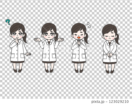 身穿白大褂的女人疑惑與道歉的臉部表情姿勢集 123029210
