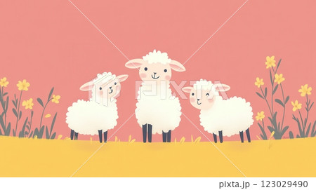 Adorable Sheep Flock Grazing in a Lush Meadow with Daisies Adorable Sheep Flock Grazing in a Lush Meadow with Daisies 123029490