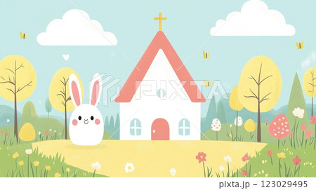 Charming Flat of an Easter Sunday Church Landscape 123029495