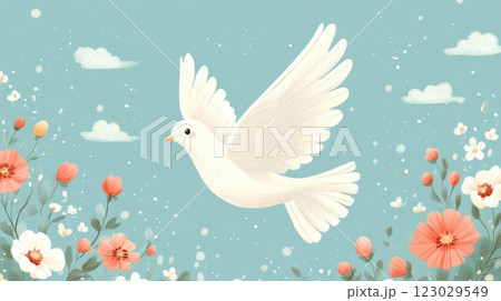 Graceful Dove Soaring in Blooming Floral Landscape Graceful Dove Soaring in Blooming Floral Landscape 123029549