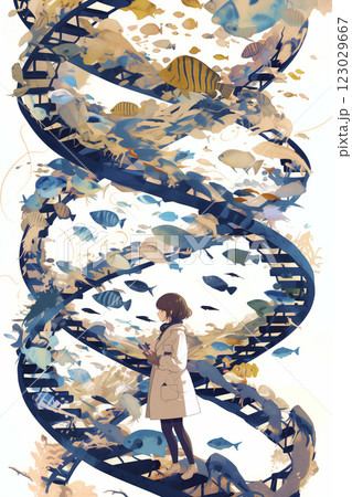 遺伝学を学ぶ女性。水彩画。イラスト。バナー素材。チラシ素材。挿絵。 123029667