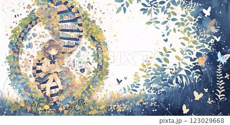 遺伝学を学ぶ女性。水彩画。イラスト。バナー素材。チラシ素材。挿絵。 123029668