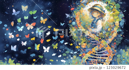 遺伝学を学ぶ女性。水彩画。イラスト。バナー素材。チラシ素材。挿絵。 123029672