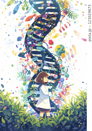 遺伝学を学ぶ女性。水彩画。イラスト。バナー素材。チラシ素材。挿絵。 123029673