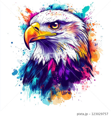 A detailed illustration of a eagle's head with a vibrant, splattered paint background, highlighting the bird's sharp features and intense gaze. 123029757