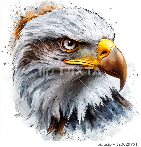 A detailed illustration of a eagle's head with a vibrant, splattered paint background, highlighting the bird's sharp features and intense gaze. 123029761