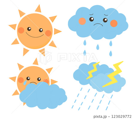 かわいい太陽と雲と雷のゆるかわイラストセット 123029772