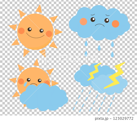 かわいい太陽と雲と雷のゆるかわイラストセット 123029772