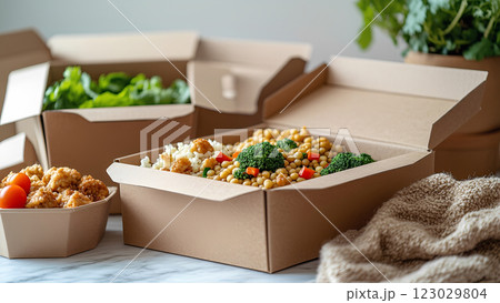 Bouquet of pink tulips and gift box,Spring flowers. Flat lay. Copy space. Banner. 123029804