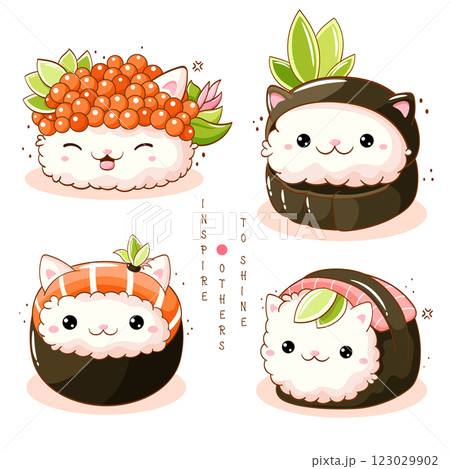 Set of cute cat-shaped sushi and rolls in kawaii style. Japanese traditional cuisine dishes. Can be used for t-shirt print, sticker, greeting card, menu design. Vector illustration EPS8 Set of cute cat-shaped sushi and rolls in kawaii style. Japanese traditional cuisine dishes. Can be used for t-shirt print, sticker, greeting card, menu design. Vector illustration EPS8 123029902