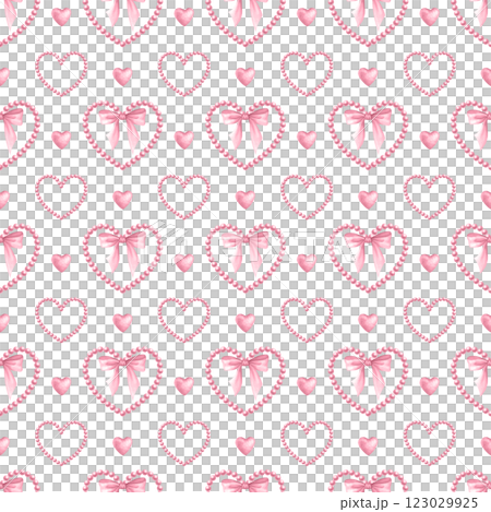 Coquette hearts, bows and beads in pastel pink color. Watercolor isolated seamless pattern hand drawn for cutecore, girl style, romantic design, textile, wrapping, fabric and scrapbooking paper. 123029925