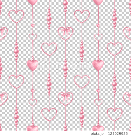 Coquette hearts, bows and beads in pastel pink color. Watercolor isolated seamless pattern of pendants hand drawn for cutecore, girl style, romantic design, textile, wrapping, fabric and scrapbooking. Coquette hearts, bows and beads in pastel pink color. Watercolor isolated seamless pattern of pendants hand drawn for cutecore, girl style, romantic design, textile, wrapping, fabric and scrapbooking. 123029926