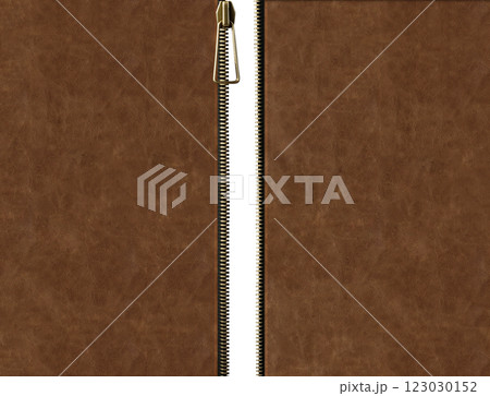 Leather background with zipper opened. Unzipped zipper or fastener. Open zip and leather texture of brown color. Isolated on white background. Copy space for text Leather background with zipper opened. Unzipped zipper or fastener. Open zip and leather texture of brown color. Isolated on white background. Copy space for text 123030152