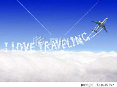 Blue sky with aircraft and Jet trailing smoke. Horizontal banner with airplane drawing a word I love traveling in sky. Topic of summer holiday, travel, trip abroad on vacation, cruises and tours 123030157