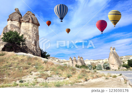 Balloon flight, famous tourist attraction of Cappadocia. Air balloons and Fairy Chimney in Pasabag Valley, Anatolia, Turkey. Topic of vacation, travel, trip abroad on vacation, cruises and tours 123030176