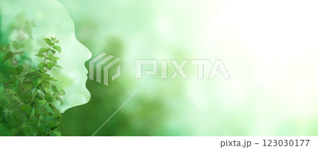 Horizontal banner with human profile made of green leaves. Sustainable development of strategy approach to zero waste, responsible consumption. Reuse, ecology, renewable resource, eco-friendly concept Horizontal banner with human profile made of green leaves. Sustainable development of strategy approach to zero waste, responsible consumption. Reuse, ecology, renewable resource, eco-friendly concept 123030177